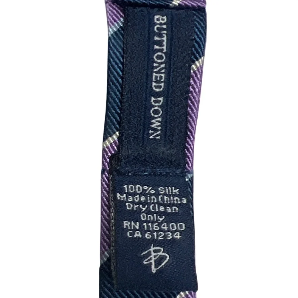 Buttoned Down Mens Purple Navy Blue Striped 100% Silk Bow Tie Adjustable EUC